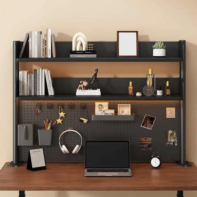 Alt view image 3 of 7 - Clamp on Desk Shelf with Pegboard, Black Desktop Bookshelf Organizer Storage Shelves for Home Office Dorm Gaming Desk, Space Saving Tabletop Display Rack Organization (Black, 39.3in)