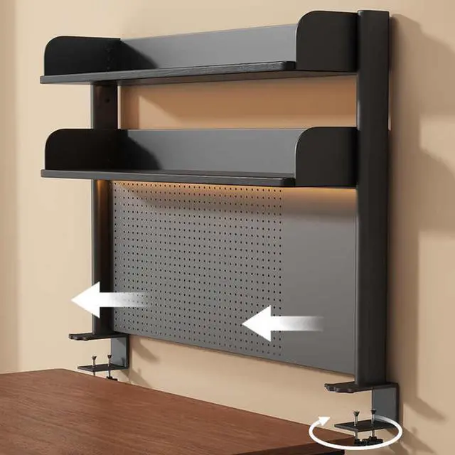 Alt view image 7 of 7 - Clamp on Desk Shelf with Pegboard, Black Desktop Bookshelf Organizer Storage Shelves for Home Office Dorm Gaming Desk, Space Saving Tabletop Display Rack Organization (Black, 39.3in)