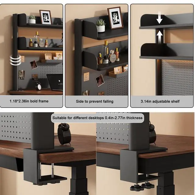 Alt view image 6 of 7 - Clamp on Desk Shelf with Pegboard, Black Desktop Bookshelf Organizer Storage Shelves for Home Office Dorm Gaming Desk, Space Saving Tabletop Display Rack Organization (Black, 39.3in)