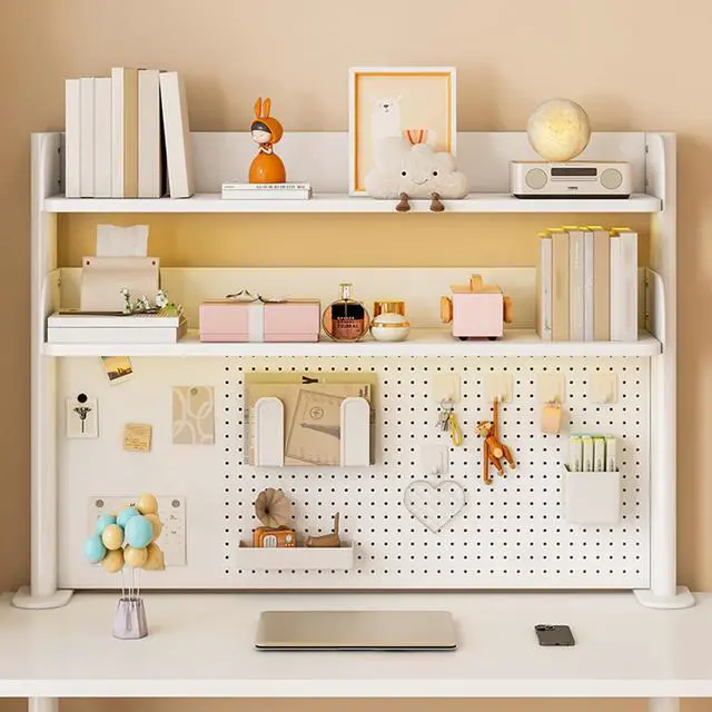 Alt view image 3 of 7 - Clamp on Desk Shelf with Pegboard, Black Desktop Bookshelf Organizer Storage Shelves for Home Office Dorm Gaming Desk, Space Saving Tabletop Display Rack Organization (White, 39.3in)