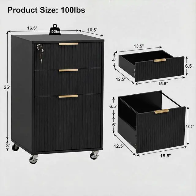 Alt view image 2 of 6 - 3 Drawers Fluted Mobile File Cabinet with Lock, Rolling File Cabinet Printer Stand Table, Under Desk Wooden Filing Cabinets for Home Office Essentials Storage Organization Furniture Letters/A4(Black)