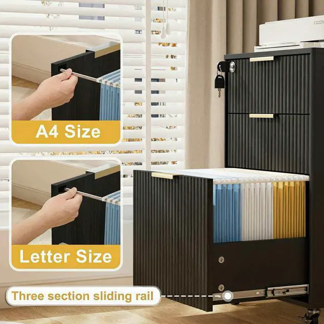 Alt view image 3 of 6 - 3 Drawers Fluted Mobile File Cabinet with Lock, Rolling File Cabinet Printer Stand Table, Under Desk Wooden Filing Cabinets for Home Office Essentials Storage Organization Furniture Letters/A4(Black)