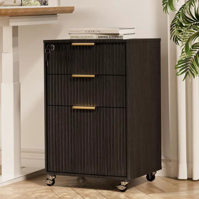 Main image of 3 Drawers Fluted Mobile File Cabinet with Lock, Rolling File Cabinet Printer Stand Table, Under Desk Wooden Filing Cabinets for Home Office Essentials Storage Organization Furniture Letters/A4(Black)