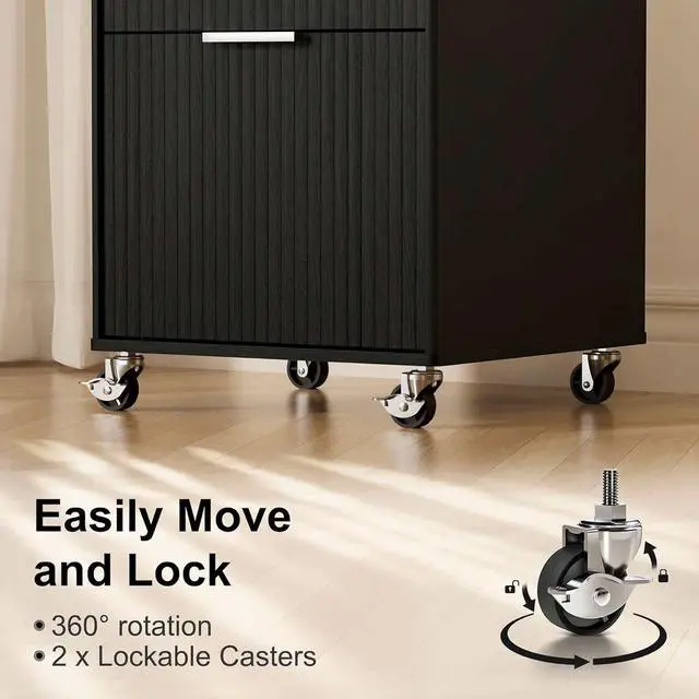 Alt view image 4 of 6 - 3 Drawers Fluted Mobile File Cabinet with Lock, Rolling File Cabinet Printer Stand Table, Under Desk Wooden Filing Cabinets for Home Office Essentials Storage Organization Furniture Letters/A4(Black)
