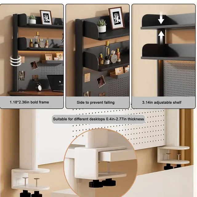 Alt view image 6 of 7 - Clamp on Desk Shelf with Pegboard, Black Desktop Bookshelf Organizer Storage Shelves for Home Office Dorm Gaming Desk, Space Saving Tabletop Display Rack Organization (White, 39.3in)