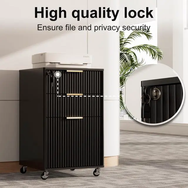 Alt view image 5 of 6 - 3 Drawers Fluted Mobile File Cabinet with Lock, Rolling File Cabinet Printer Stand Table, Under Desk Wooden Filing Cabinets for Home Office Essentials Storage Organization Furniture Letters/A4(Black)