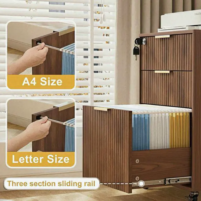 Alt view image 3 of 7 - 3 Drawers Fluted Mobile File Cabinet with Lock, Rolling File Cabinet Printer Stand Table, Under Desk Wooden Filing Cabinets for Home Office Essentials Storage Organization Furniture Letters/A4(Walnut)