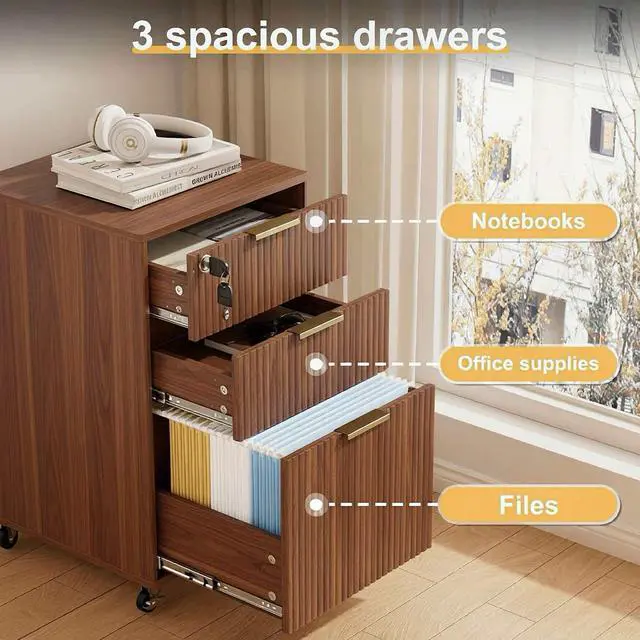Alt view image 5 of 7 - 3 Drawers Fluted Mobile File Cabinet with Lock, Rolling File Cabinet Printer Stand Table, Under Desk Wooden Filing Cabinets for Home Office Essentials Storage Organization Furniture Letters/A4(Walnut)