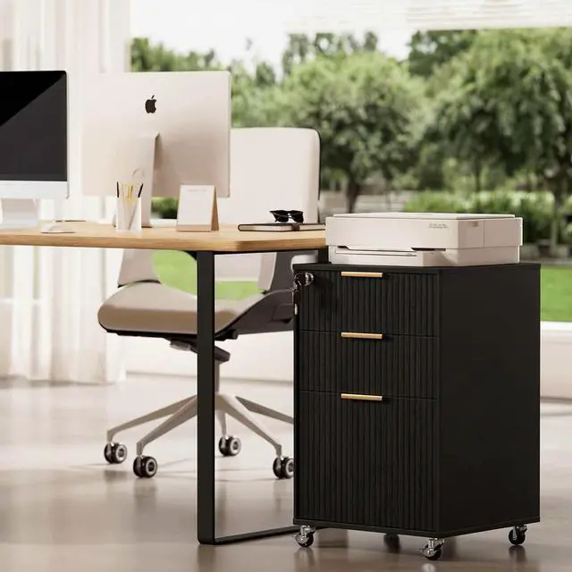 Alt view image 6 of 6 - 3 Drawers Fluted Mobile File Cabinet with Lock, Rolling File Cabinet Printer Stand Table, Under Desk Wooden Filing Cabinets for Home Office Essentials Storage Organization Furniture Letters/A4(Black)