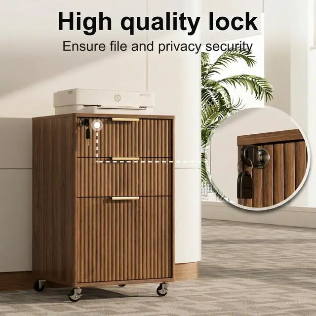 Alt view image 6 of 7 - 3 Drawers Fluted Mobile File Cabinet with Lock, Rolling File Cabinet Printer Stand Table, Under Desk Wooden Filing Cabinets for Home Office Essentials Storage Organization Furniture Letters/A4(Walnut)