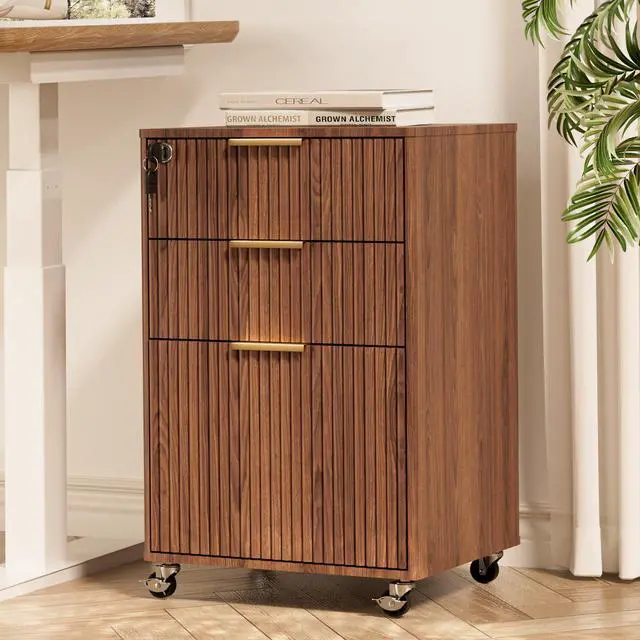 Main image of 3 Drawers Fluted Mobile File Cabinet with Lock, Rolling File Cabinet Printer Stand Table, Under Desk Wooden Filing Cabinets for Home Office Essentials Storage Organization Furniture Letters/A4(Walnut)
