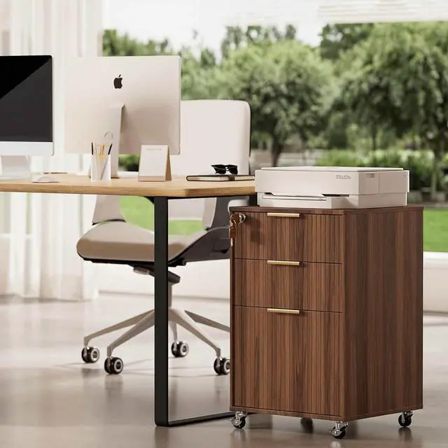 Alt view image 7 of 7 - 3 Drawers Fluted Mobile File Cabinet with Lock, Rolling File Cabinet Printer Stand Table, Under Desk Wooden Filing Cabinets for Home Office Essentials Storage Organization Furniture Letters/A4(Walnut)