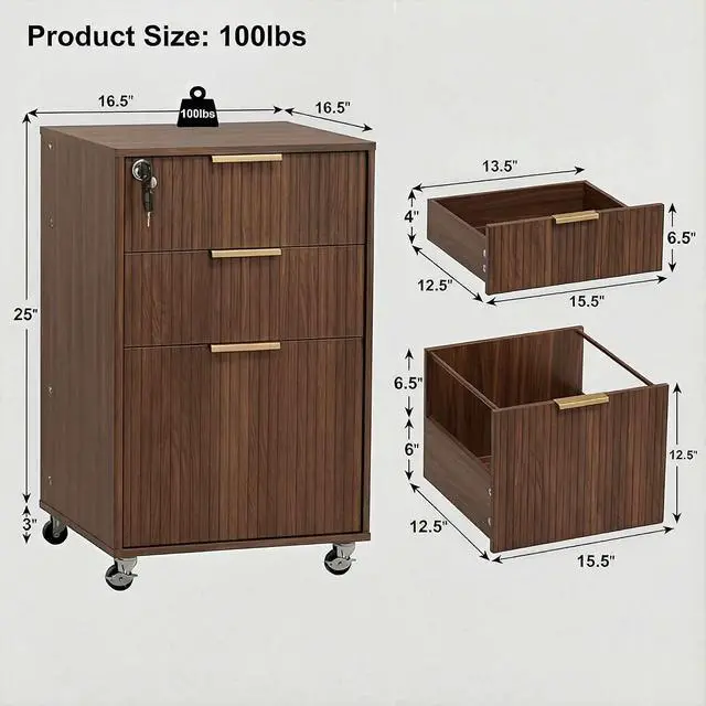 Alt view image 2 of 7 - 3 Drawers Fluted Mobile File Cabinet with Lock, Rolling File Cabinet Printer Stand Table, Under Desk Wooden Filing Cabinets for Home Office Essentials Storage Organization Furniture Letters/A4(Walnut)