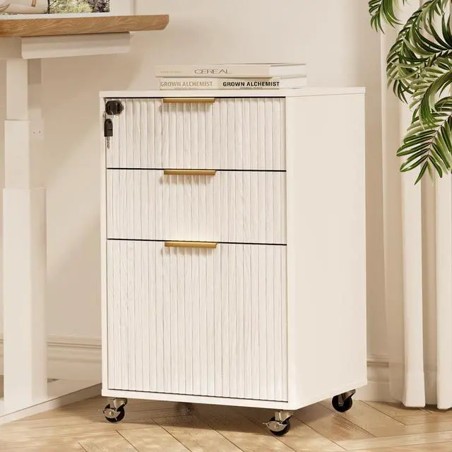 Main image of 3 Drawers Fluted Mobile File Cabinet with Lock, Rolling File Cabinet Printer Stand Table, Under Desk Wooden Filing Cabinets for Home Office Essentials Storage Organization Furniture Letters/A4(White)