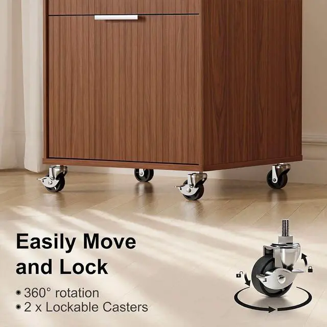 Alt view image 4 of 7 - 3 Drawers Fluted Mobile File Cabinet with Lock, Rolling File Cabinet Printer Stand Table, Under Desk Wooden Filing Cabinets for Home Office Essentials Storage Organization Furniture Letters/A4(Walnut)