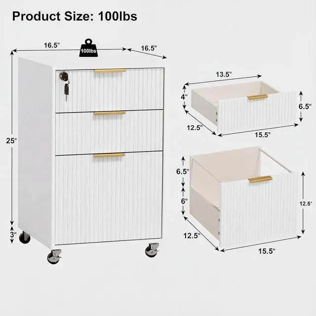 Alt view image 2 of 7 - 3 Drawers Fluted Mobile File Cabinet with Lock, Rolling File Cabinet Printer Stand Table, Under Desk Wooden Filing Cabinets for Home Office Essentials Storage Organization Furniture Letters/A4(White)