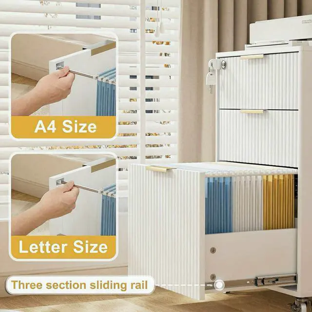 Alt view image 3 of 7 - 3 Drawers Fluted Mobile File Cabinet with Lock, Rolling File Cabinet Printer Stand Table, Under Desk Wooden Filing Cabinets for Home Office Essentials Storage Organization Furniture Letters/A4(White)