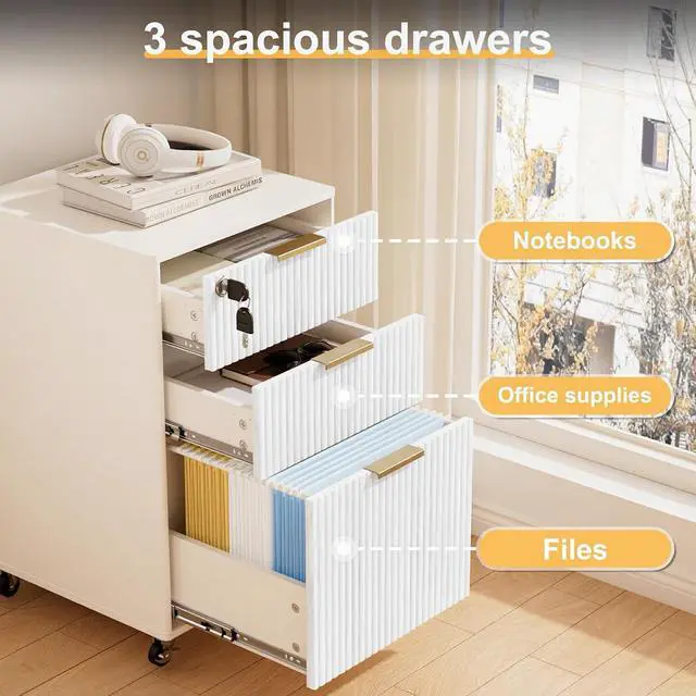 Alt view image 4 of 7 - 3 Drawers Fluted Mobile File Cabinet with Lock, Rolling File Cabinet Printer Stand Table, Under Desk Wooden Filing Cabinets for Home Office Essentials Storage Organization Furniture Letters/A4(White)