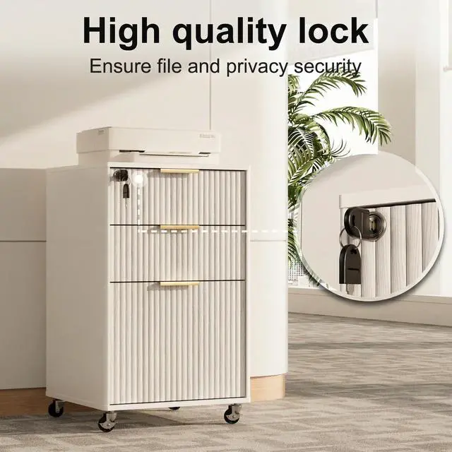 Alt view image 6 of 7 - 3 Drawers Fluted Mobile File Cabinet with Lock, Rolling File Cabinet Printer Stand Table, Under Desk Wooden Filing Cabinets for Home Office Essentials Storage Organization Furniture Letters/A4(White)
