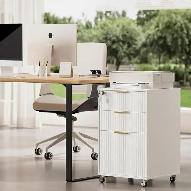 Alt view image 7 of 7 - 3 Drawers Fluted Mobile File Cabinet with Lock, Rolling File Cabinet Printer Stand Table, Under Desk Wooden Filing Cabinets for Home Office Essentials Storage Organization Furniture Letters/A4(White)
