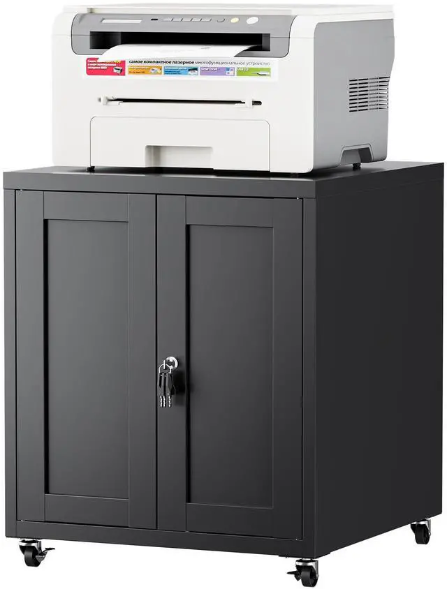 Main image of Large Printer Stand with Storage and Lock, 3D Heavy-Duty Printer Cabinet, Printer Table for Home Office with Doors and Adjustable Shelves, for Office Copier and Fax Machine, Black