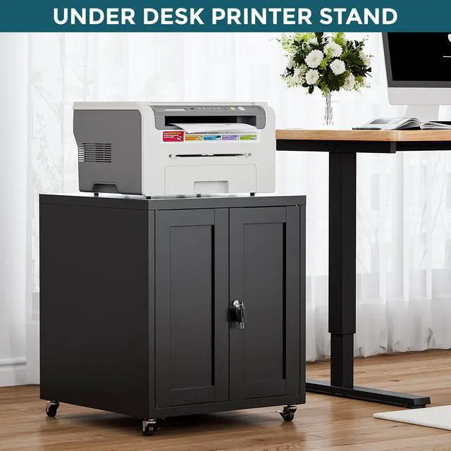 Alt view image 2 of 7 - Large Printer Stand with Storage and Lock, 3D Heavy-Duty Printer Cabinet, Printer Table for Home Office with Doors and Adjustable Shelves, for Office Copier and Fax Machine, Black