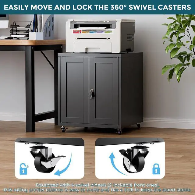 Alt view image 3 of 7 - Large Printer Stand with Storage and Lock, 3D Heavy-Duty Printer Cabinet, Printer Table for Home Office with Doors and Adjustable Shelves, for Office Copier and Fax Machine, Black