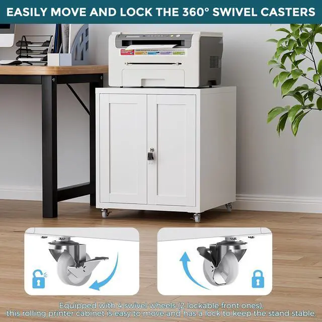 Alt view image 2 of 7 - Large Printer Stand with Storage and Lock, 3D Heavy-Duty Printer Cabinet, Printer Table for Home Office with Doors and Adjustable Shelves, for Office Copier and Fax Machine, White