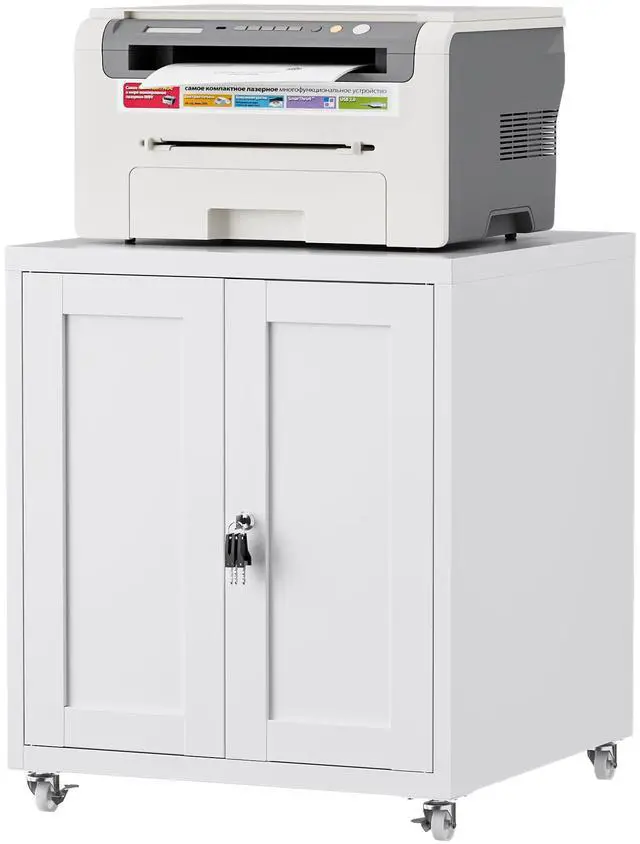 Main image of Large Printer Stand with Storage and Lock, 3D Heavy-Duty Printer Cabinet, Printer Table for Home Office with Doors and Adjustable Shelves, for Office Copier and Fax Machine, White