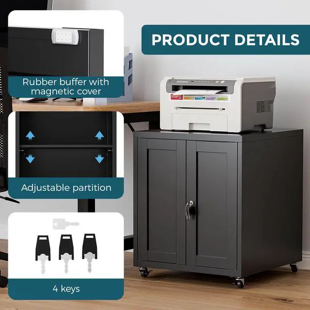 Alt view image 5 of 7 - Large Printer Stand with Storage and Lock, 3D Heavy-Duty Printer Cabinet, Printer Table for Home Office with Doors and Adjustable Shelves, for Office Copier and Fax Machine, Black