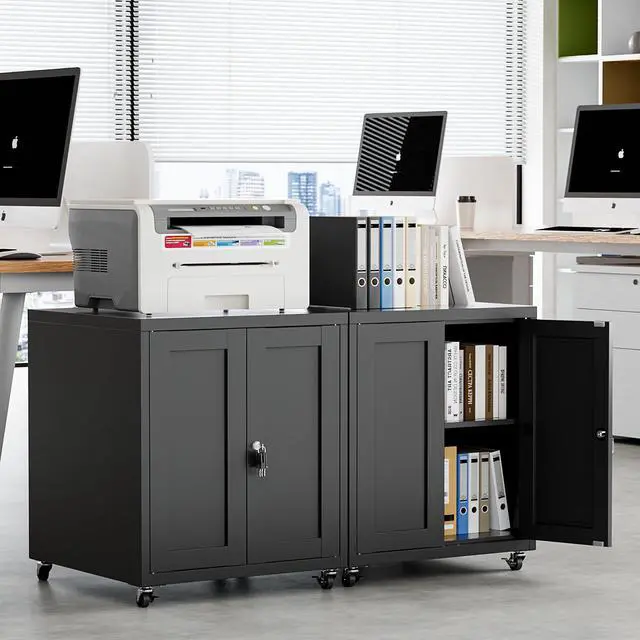 Alt view image 6 of 7 - Large Printer Stand with Storage and Lock, 3D Heavy-Duty Printer Cabinet, Printer Table for Home Office with Doors and Adjustable Shelves, for Office Copier and Fax Machine, Black