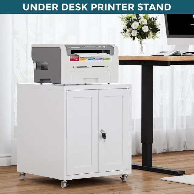 Alt view image 4 of 7 - Large Printer Stand with Storage and Lock, 3D Heavy-Duty Printer Cabinet, Printer Table for Home Office with Doors and Adjustable Shelves, for Office Copier and Fax Machine, White