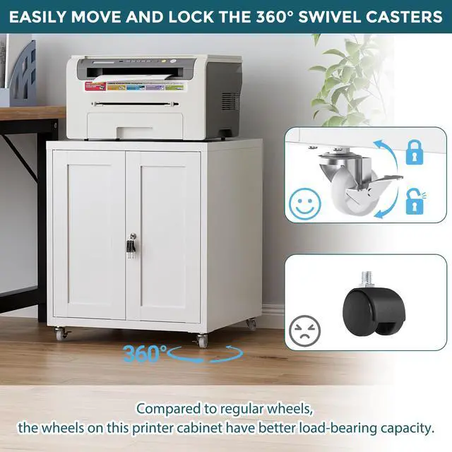 Alt view image 5 of 7 - Large Printer Stand with Storage and Lock, 3D Heavy-Duty Printer Cabinet, Printer Table for Home Office with Doors and Adjustable Shelves, for Office Copier and Fax Machine, White