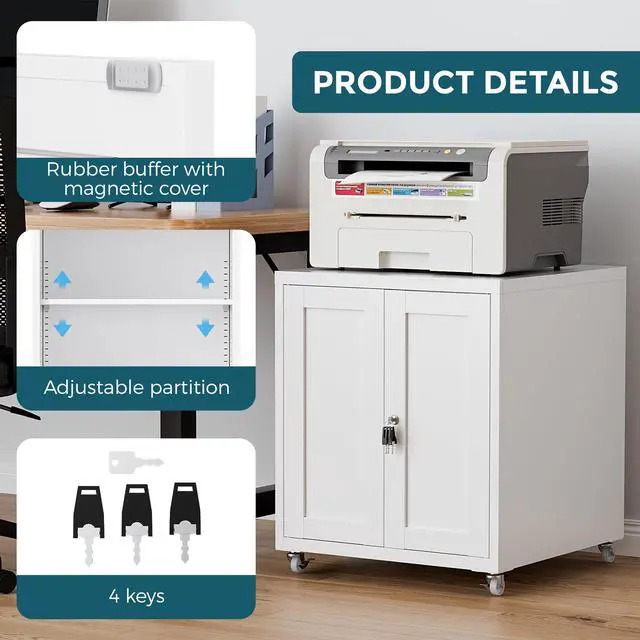Alt view image 6 of 7 - Large Printer Stand with Storage and Lock, 3D Heavy-Duty Printer Cabinet, Printer Table for Home Office with Doors and Adjustable Shelves, for Office Copier and Fax Machine, White