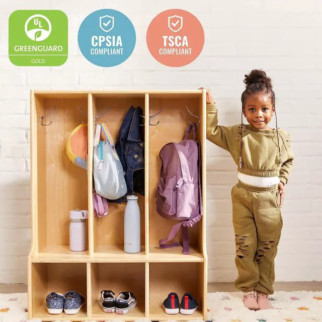 Alt view image 5 of 7 - Streamline 3-Section Toddler Coat Locker with Bench, Classroom Furniture, Natural
