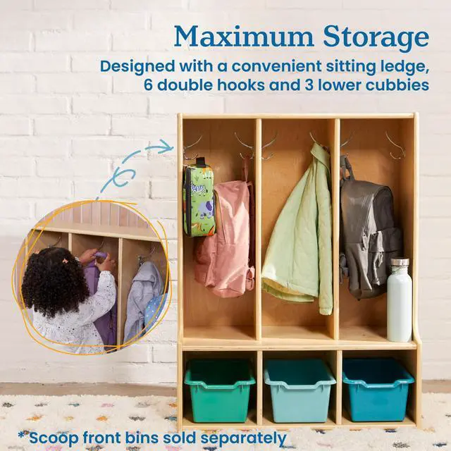 Alt view image 4 of 7 - Streamline 3-Section Toddler Coat Locker with Bench, Classroom Furniture, Natural