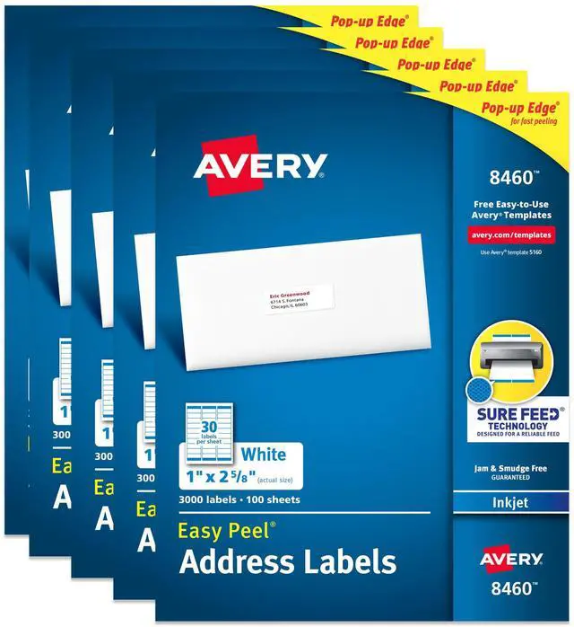 Main image of Easy Peel Printable Address Labels with Sure Feed, 1" x 2-5/8" Customizable Stickers, White, 3,000 Blank Mailing Labels per Pack, Great for Mailing, Shipping, and More (5-Pack of 8460)