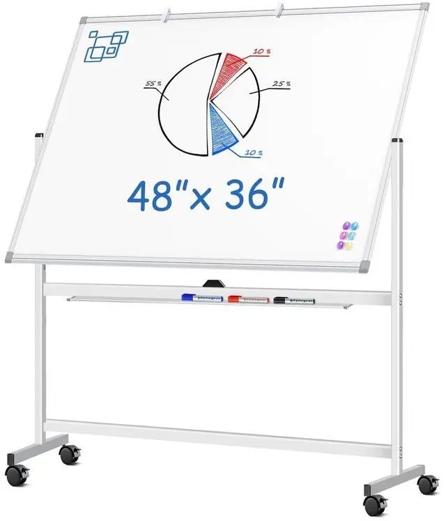 Main image of Large Rolling White Board, 48x36 in Double-Sided Mobile Whiteboard, Reversible Magnetic Dry Erase Board Easel Standing Whiteboard on Wheels Portable Board for Office Classroom and Home, Silver