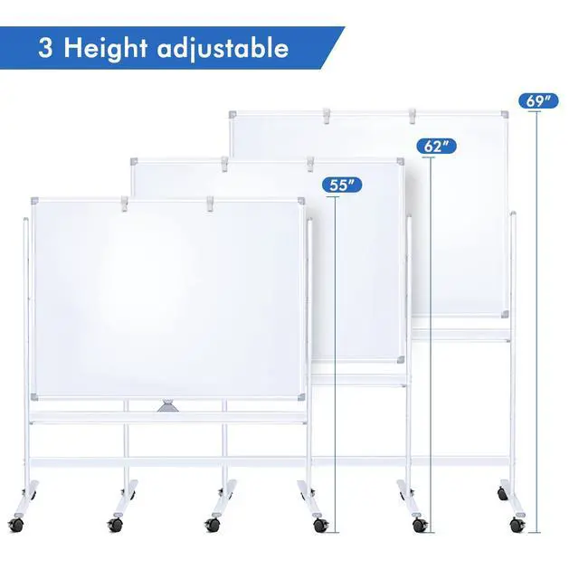 Alt view image 3 of 7 - Large Rolling White Board, 48x36 in Double-Sided Mobile Whiteboard, Reversible Magnetic Dry Erase Board Easel Standing Whiteboard on Wheels Portable Board for Office Classroom and Home, Silver
