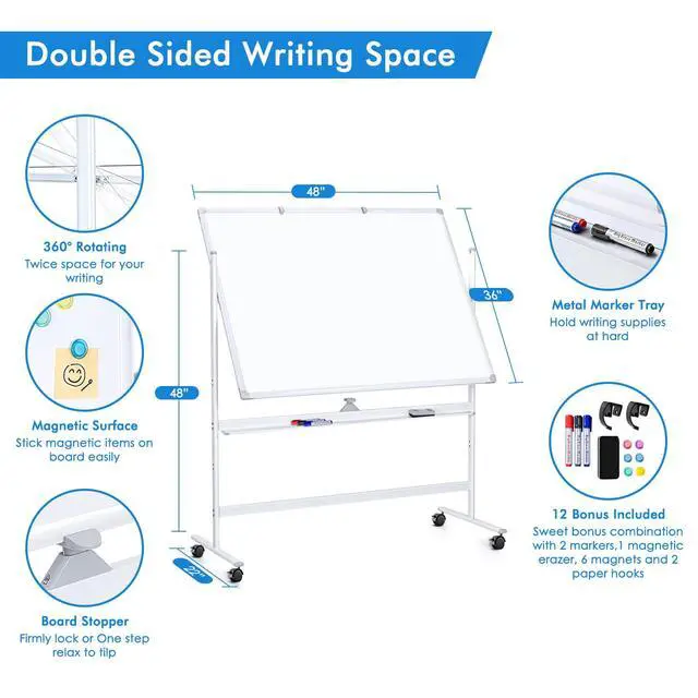 Alt view image 6 of 7 - Large Rolling White Board, 48x36 in Double-Sided Mobile Whiteboard, Reversible Magnetic Dry Erase Board Easel Standing Whiteboard on Wheels Portable Board for Office Classroom and Home, Silver