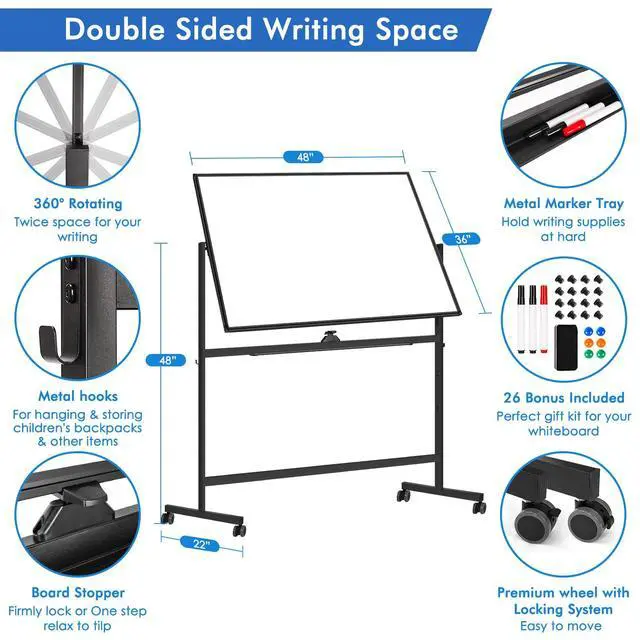 Alt view image 5 of 7 - Large Rolling White Board, 48x36 in Double-Sided Mobile Whiteboard, Reversible Magnetic Dry Erase Board Easel Standing Whiteboard on Wheels School Supplies for Classroom Office and Home, Black