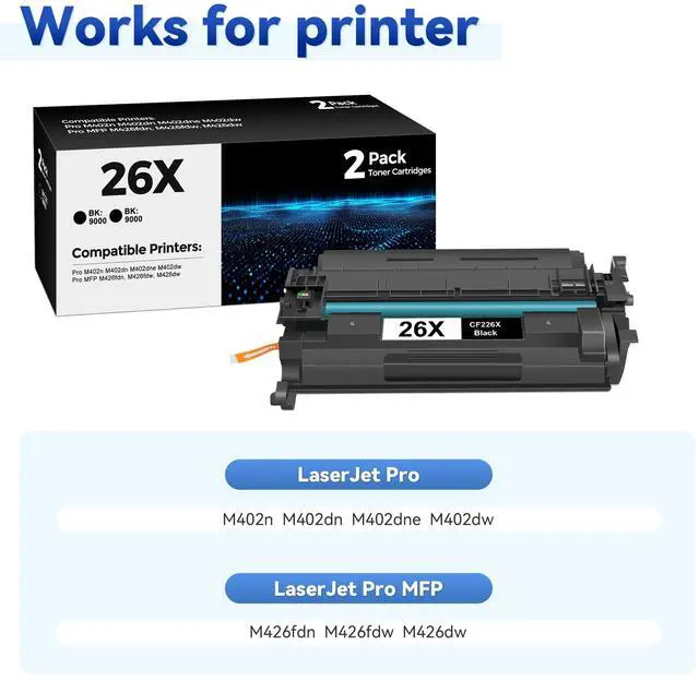 Alt view image 2 of 7 - 26X CF226X Toner Cartridge Black 2 Pack Compatible for HP 26X CF226X 26A CF226A CF226 Toner Cartridges Replacement for Laserjet Pro M402n M402dn M402dne M402dw, Pro MFP M426fdn M426fdw M426dw Printers