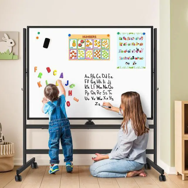 Alt view image 7 of 7 - Large Rolling White Board, 48x36 in Double-Sided Mobile Whiteboard, Reversible Magnetic Dry Erase Board Easel Standing Whiteboard on Wheels School Supplies for Classroom Office and Home, Black