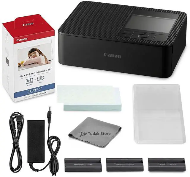 Main image of Selphy CP1500 Photo Printer Bundle (Black) with KP-108 Paper (108 Sheets) 3 Color Ink Cartridges & Tudak Cleaning Cloth Wireless Compact Dye-Sub Printer Kit