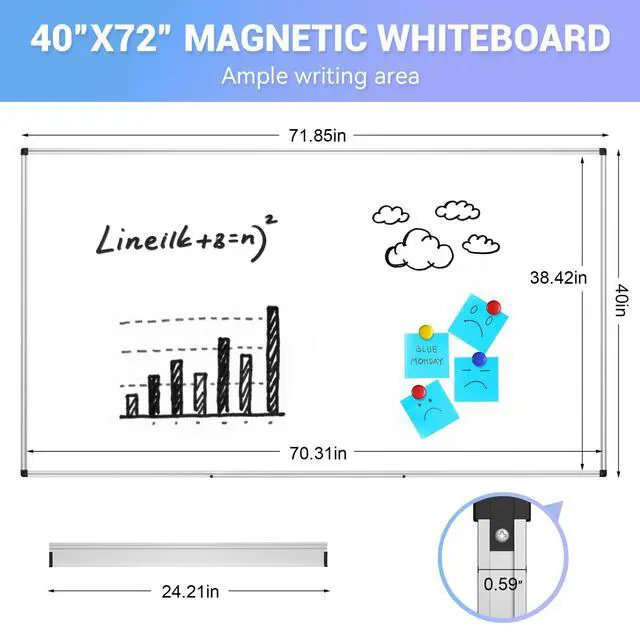 Alt view image 3 of 7 - Magnetic Dry Erase Whiteboard - 40 x 72 Inch White Board - Large Wall-Mounted Board with Silver Aluminum Frame, 1 Magnetic Eraser, 2 Pens, Detachable Marker Tray, 6 Magnets