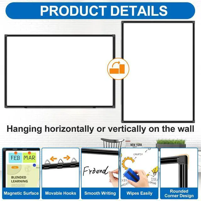 Alt view image 2 of 7 - 6'x4' Large Magnetic White Board Dry Erase Whiteboard with Black Aluminum Frame, 72"X48" Magnet Presentation Wall Boards for Office, Classroom, School, Home