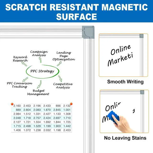 Alt view image 3 of 7 - 6'x4' Large Magnetic White Board Dry Erase Whiteboard with Aluminum Frame, 72"X48" Hanging White Boards for Wall with Long Pen Tray, Presentation Board for Office Classroom Home
