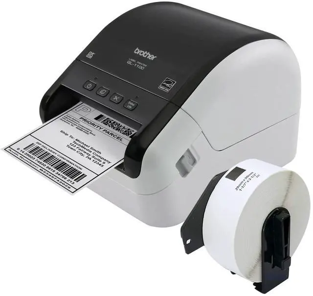 Main image of QL-1100 Wide Format Thermal Label Printer - USB Connectivity, 4" Wide, 300 x 300 dpi, 69 Labels Per Minute Professional Monochrome Postage and Barcode, Includes 1 Roll of 400 Address Labels