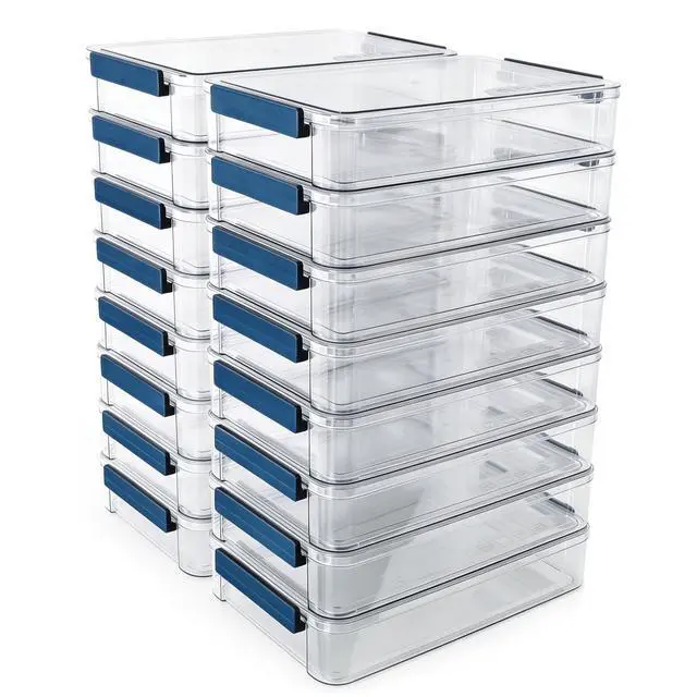 Main image of 16-Pack 9x13 Shallow Flat Clear Plastic Storage Boxes | 5.5Qt stackable cases with lids, snap-tight latch container for paper, A4 files, documents, scrapbook, craft, art supplies
