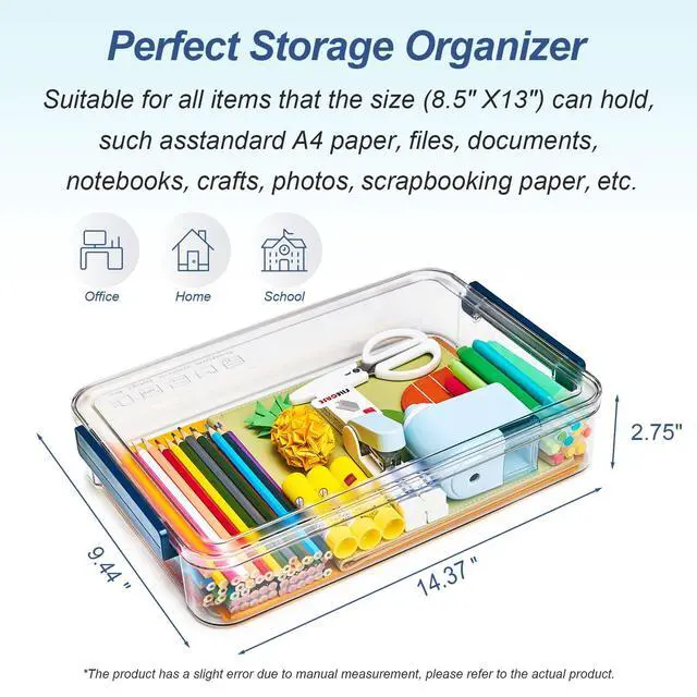Alt view image 2 of 7 - 16-Pack 9x13 Shallow Flat Clear Plastic Storage Boxes | 5.5Qt stackable cases with lids, snap-tight latch container for paper, A4 files, documents, scrapbook, craft, art supplies